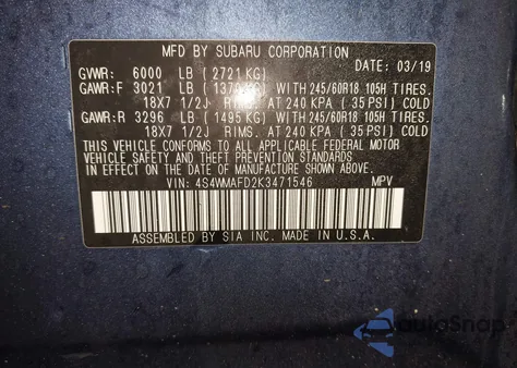 2019 Subaru Ascent Premium z USA, uszkodzony, nr VIN 4S4WMAFD2K3471546